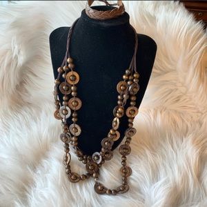 Necklace and bracelet set brown beads, leather